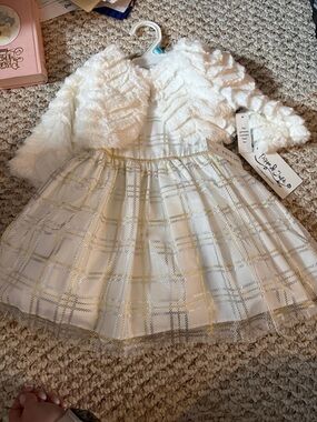 Pippa & Julie White and Gold Plaid Party Dress with Faux Fur Bolero